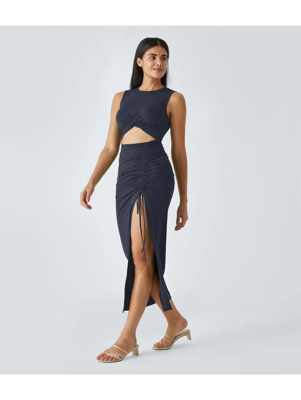NWT Halara Round Neck Cut Out Ruched Drawstring Hem Bodycon Maxi Dress Size M - Picture 3 of 9